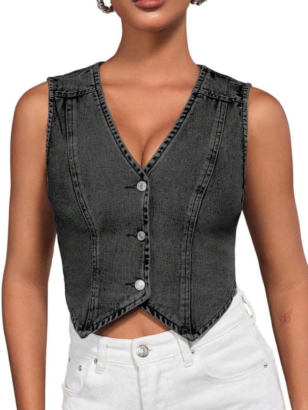 SHENHE Button Down Denim Vest Y2K Cropped Top – Women's Size Small – Black